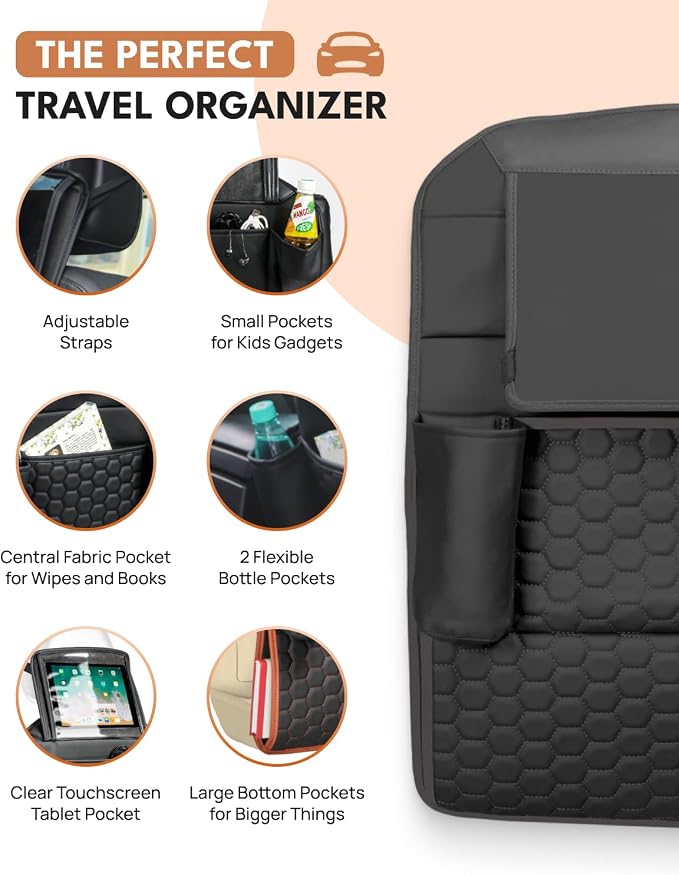 Owleys Back Seat Car Organizer for Kids, Front Passenger Caddy, Center Row Vehicle Storage with Pockets – Premium Eco Leather, 8 Compartments, Black Travel Accessory for SUV, Truck, Sedan, Van, Jeep