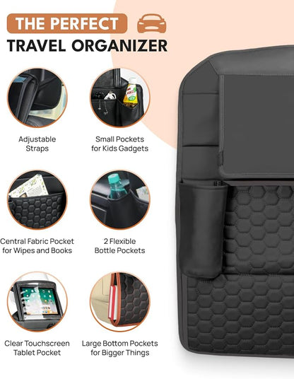 Owleys Back Seat Car Organizer for Kids, Front Passenger Caddy, Center Row Vehicle Storage with Pockets – Premium Eco Leather, 8 Compartments, Black Travel Accessory for SUV, Truck, Sedan, Van, Jeep