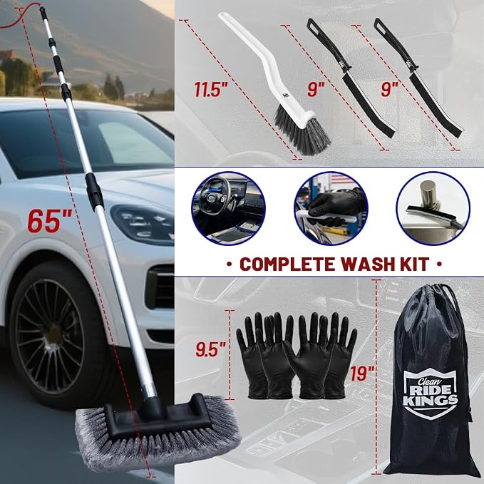 65" Flow-Thru Car Wash Brush with Pole, Grey, 4-Head Kit | Grey soft bristle brush with 3 extra detail brushes (tire scrubber & 2 stiff). 4-head heavy duty truck wash kit with bag.