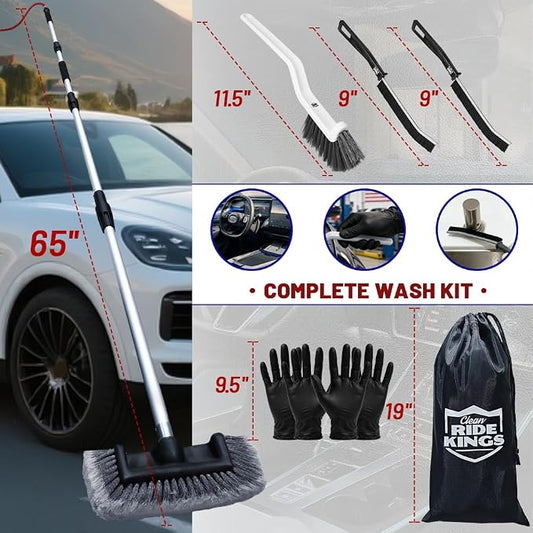 65" Flow-Thru Car Wash Brush with Pole, Grey, 4-Head Kit | Grey soft bristle brush with 3 extra detail brushes (tire scrubber & 2 stiff). 4-head heavy duty truck wash kit with bag.
