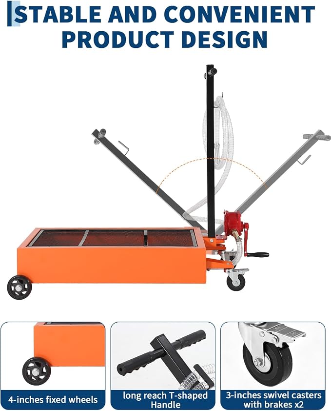 Garvee Oil Drain Pan, 15 Gallon Waste Oil Drain Pan for Oil Change, Steel, 8-8.2 ft Hose& Folding Handle&Rolling Cart, Heavy Duty for Trucks,Manual,Orange