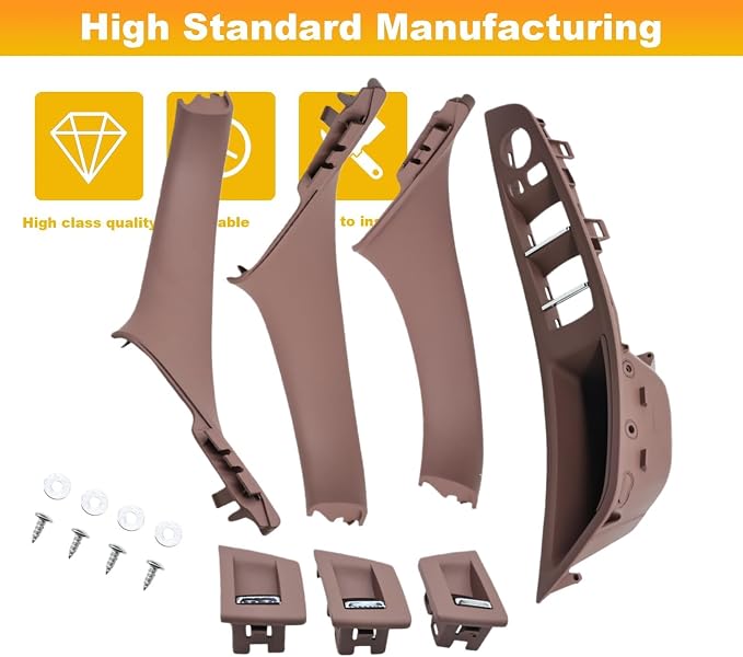 7PCS Brown Inner Door Pull Handles Kit Compatible with 5 Series F10 F11 2010-2016 520 523 525 528 530 535 Inner Window Switch Armrest Panel Trim Cover