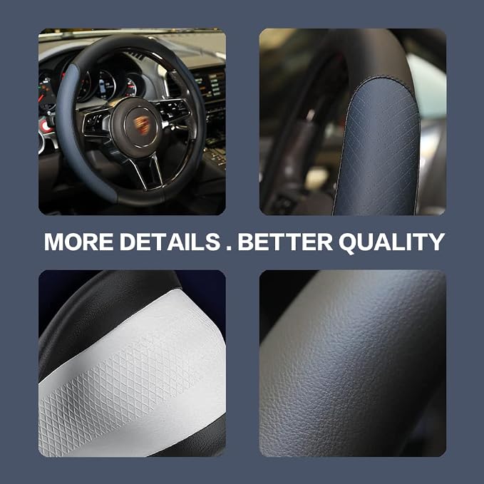 Steering Wheel Cover, Microfiber Leather Splicing with Classic Embossing,Contrasting Colors Anti-Slip Breathable Auto Car Steering Wheel Cover Fit 15 Inch Car Wheel Protector (Black&Blue)
