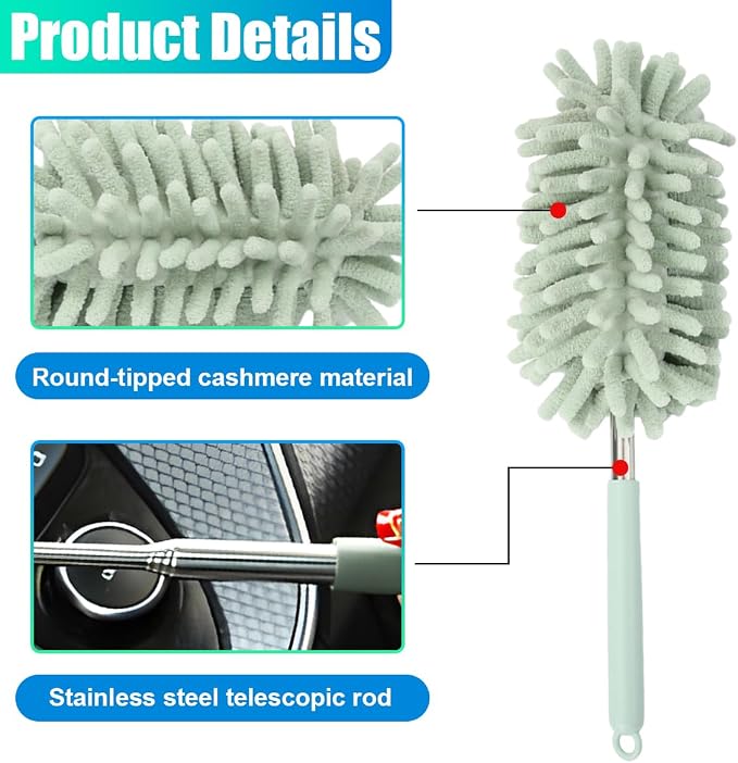 2PCS Car Interior Duster with Extension Pole – Washable Microfiber Dusters Detailing Brushes with Bendable Head, Long Handle Cleaning Duster Tool for Car Dash, Vents, Window, Furniture, Office (Green)