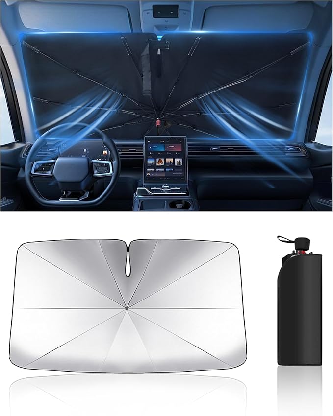 Windshield Sun Shade Umbrella for Car, Foldable Car Windshield Sunshade UV Block Heat Insulation, Fits Sedan SUV Truck, Compatible with Camry Accord Civic CRV Model Y Ideal Gifts for Men & Women