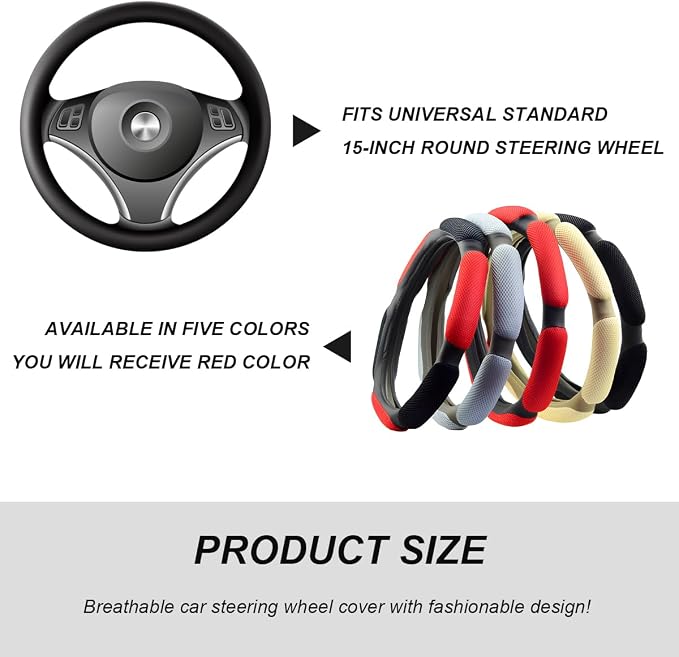 Car Steering Wheel Cover, 15" Anti-Slip Steering Wheel Protector Soft Hand Pad Cushion, Breathable Ice Silk Auto Wheel Wraps Comfy Grip All-Season Protector for Most Vehicles (Red)