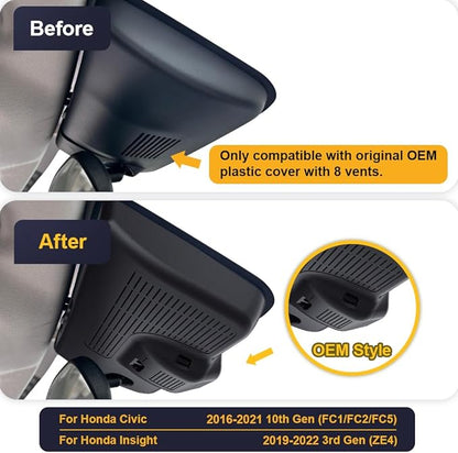 Fitcamx Front 2K+Rear 1080P Dash Cam Adapts for Honda Civic 2016-2021 (Has 8 Vents/HD2-0323) & Insight 2019-2022, OEM Look, Dual HD Video, WiFi & APP, Loop Recording, Collision Detection, 64GB Card