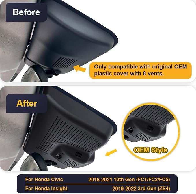 Fitcamx 4K Dash Cam Suitable for Honda Civic 2016-2021 & Insight 2019-2022 (with 8 Vents, HD2-0323), OEM Factory Look, UHD 2160P Video, Built-in WiFi & APP, Loop Recording, Gravity Sensor, 64GB Card