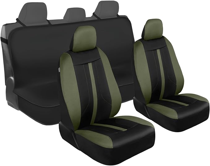Motor Trend Front & Rear Car Seat Covers Full Set - Green Cloth Bucket Seat Covers for Front Seats + Waterproof Rear Split Bench Cover – Universal Fit for Car Truck SUV Van Interior Protection