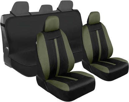 Motor Trend Front & Rear Car Seat Covers Full Set - Green Cloth Bucket Seat Covers for Front Seats + Waterproof Rear Split Bench Cover – Universal Fit for Car Truck SUV Van Interior Protection