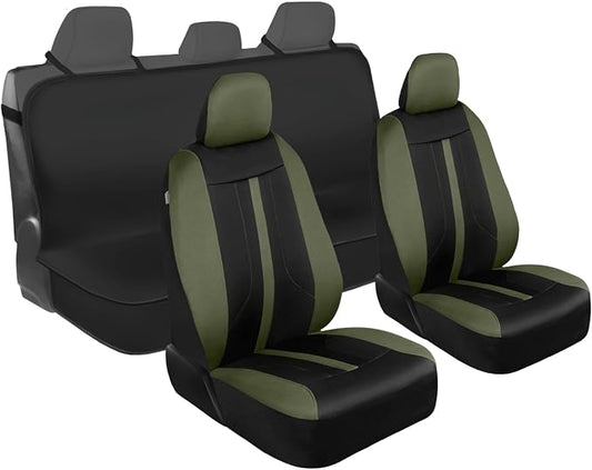 Motor Trend Front & Rear Car Seat Covers Full Set - Green Cloth Bucket Seat Covers for Front Seats + Waterproof Rear Split Bench Cover – Universal Fit for Car Truck SUV Van Interior Protection