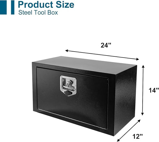 24"X12"X14" Underbody Steel Utility Truck Tool Box Chest With Lock and Keys，Heavy Duty Trailer Toolbox for Pick Up Truck RV Trailer, Black Storage Organizer Box