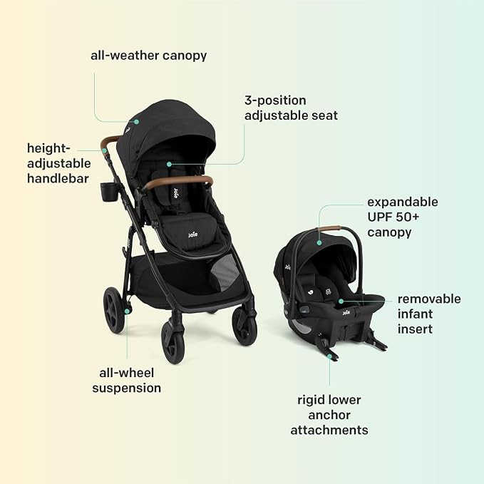Joie Ginger and Mint Latch Travel System – 4-in-1 Travel System with Baseless Infant Car Seat & Stroller, One-click Install, From Birth Stroller (Mocha)
