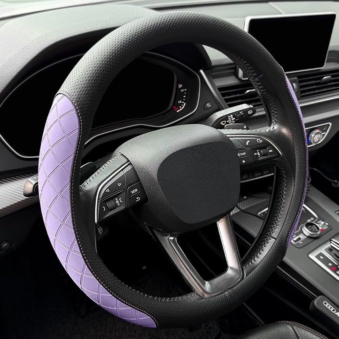LKWLIKEI Nappa leather steering wheel cover,elegant diamond checkered design, non-slip wear-resistant, enhance driving comfort, suitable for steering wheel diameter 14 1/2‘-15’ models.Black and purple
