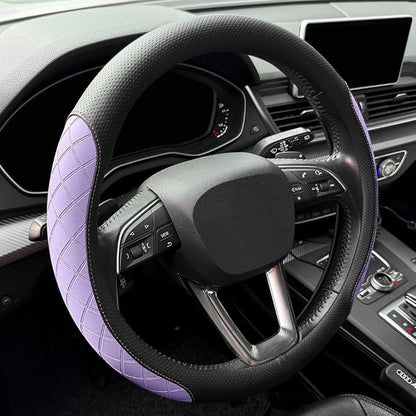 LKWLIKEI Nappa leather steering wheel cover,elegant diamond checkered design, non-slip wear-resistant, enhance driving comfort, suitable for steering wheel diameter 14 1/2‘-15’ models.Black and purple