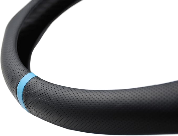 Quick Install Sporty Perforated Nappa Leather Steering Wheel Cover with Blue Stripe Universal fit 14½" to 15" Car SUV Pickup 14.5 to 15 inches Napa