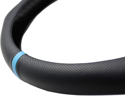 Quick Install Sporty Perforated Nappa Leather Steering Wheel Cover with Blue Stripe Universal fit 14½" to 15" Car SUV Pickup 14.5 to 15 inches Napa