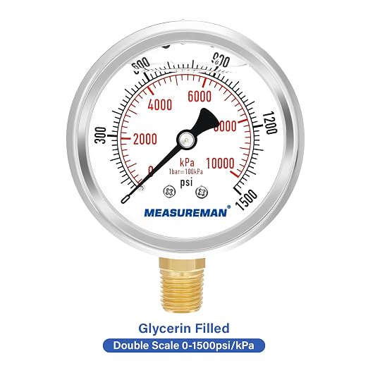 MEASUREMAN 2-1/2" Dial Size, Glycerin Filled Pressure Gauge, 0-1500psi/kpa, 304 Stainless Steel Case, 1/4" NPT Lower Mount