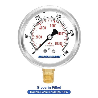 MEASUREMAN 2-1/2" Dial Size, Glycerin Filled Pressure Gauge, 0-1500psi/kpa, 304 Stainless Steel Case, 1/4" NPT Lower Mount