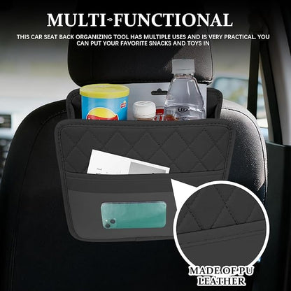 Car Seat Back Organizer, Leather Backseat Hanging Storage Bag, Multipurpose Car Hanging Trash Bag with 2 Compartments, Car Large Capacity Pouch Pocket for Kids & Adults (Black/Transparent Bag)