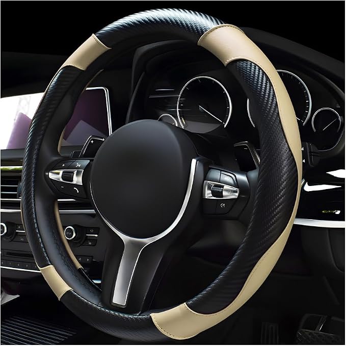 povtii Car Steering Wheel Cover, 15 Inch Leather Breathable Auto Steering Wheel Protector, Comfortable Non-Slip Vehicle Steering Wheel Covers, Universal Car Accessories (Beige, with Lining)