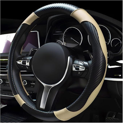 povtii Car Steering Wheel Cover, 15 Inch Leather Breathable Auto Steering Wheel Protector, Comfortable Non-Slip Vehicle Steering Wheel Covers, Universal Car Accessories (Beige, with Lining)