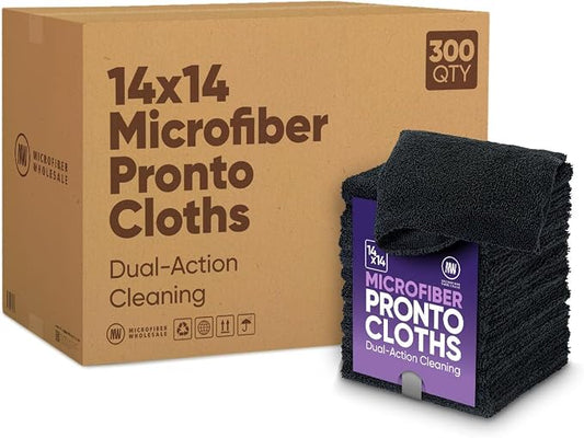Microfiber Wholesale Pronto Cloths, Dual-Sided Microfiber Cleaning Towels, Soft Plush & Scrub Cloths for Dusting, Scrubbing, Kitchen, Windows & Car Detailing, Absorbent Bulk 300-Pack Black