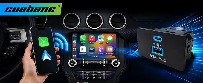 Wireless CarPlay Android Auto USB Hub for Ford Sync 3, Ice Blue | USB 3.1 Type-C, 30W PD Fast Charging，Wireless CarPlay and Android Auto USB Hub