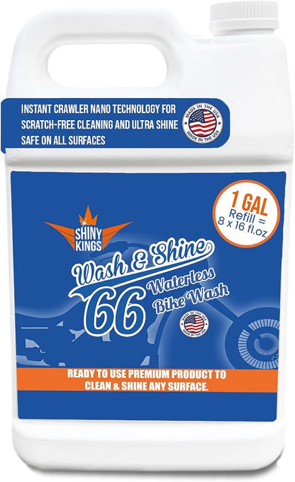 Shinykings Motorcycle Cleaner Wash&Shine 66 | WATERLESS BIke Wash with Ultra Shine Finish | Powerful Motorcycle Detailing Spray for All Surfaces | Bike Cleaner California | 1 Gallon