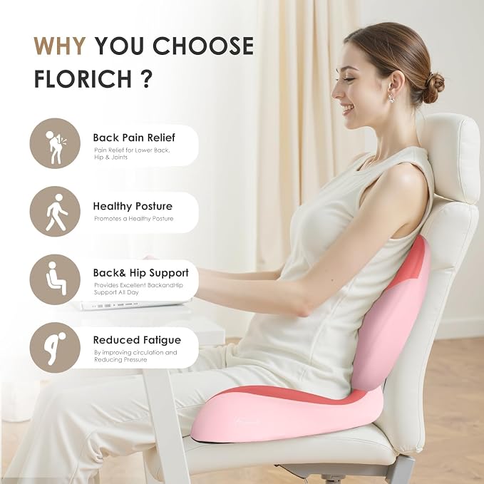 FLORICH Upgraded Ergonomic Memory Foam Car Seat Cushion with Lumbar Support, Non-Slip, Washable Driving Seat Cushion for Back & Sciatica Pain Relief, Large Car Seat Cushion Driver, Office-Pink