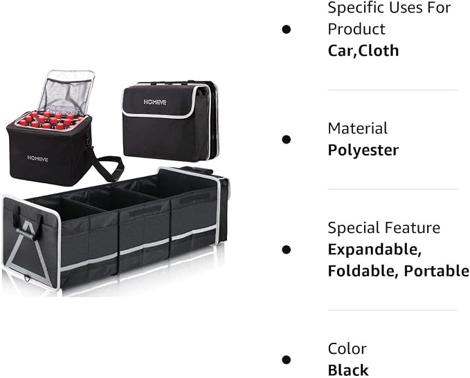 Homeve Car Trunk Organizer for SUV, 25Gal Large Capacity No-Sag Heavy Duty, Foldable Waterproof Anti-Slip Storage with 12 Pockets, Fit Sedan,Truck,Universal Car Accessories, Black, 3 Compart, Large