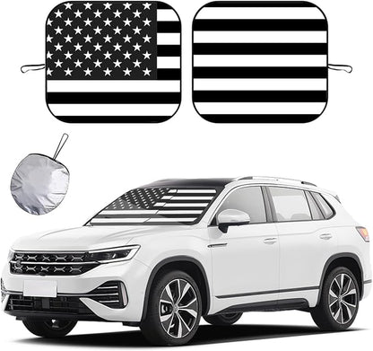 Ziciner 2 PCS Car Windshield Sun Shade, Auto Sun Heat and UV Rays Blocker, 28"×31" Foldable Automotive Front Window Sunshade Protector, Universal Vehicle Interior Accessories (Black Flag-M)