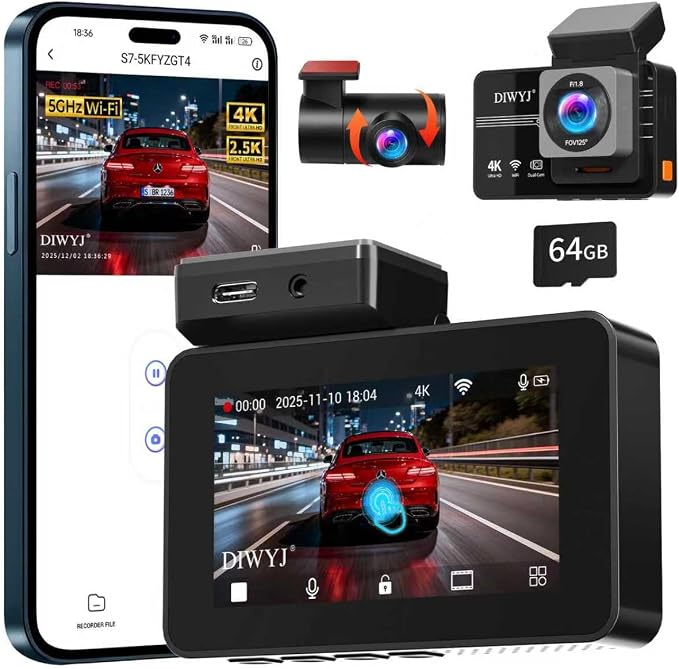 Dash Cam Front and Rear 4K + 2.5K: Dual Channel Car Camera with 5GHz WiFi, 3" IPS, APP Control, Night Vision, G-Sensor, Loop Recording, 24H Parking Mode, Wide Angle, Includes 64GB Card（S7）