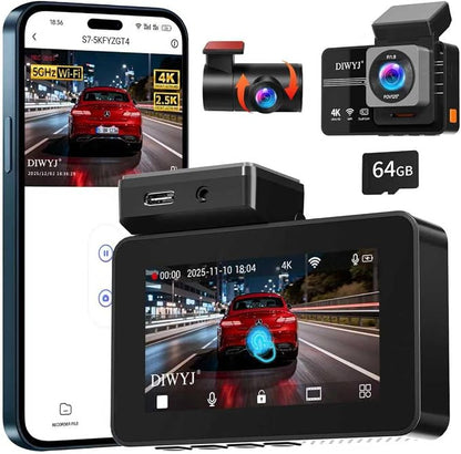 Dash Cam Front and Rear 4K + 2.5K: Dual Channel Car Camera with 5GHz WiFi, 3" IPS, APP Control, Night Vision, G-Sensor, Loop Recording, 24H Parking Mode, Wide Angle, Includes 64GB Card（S7）