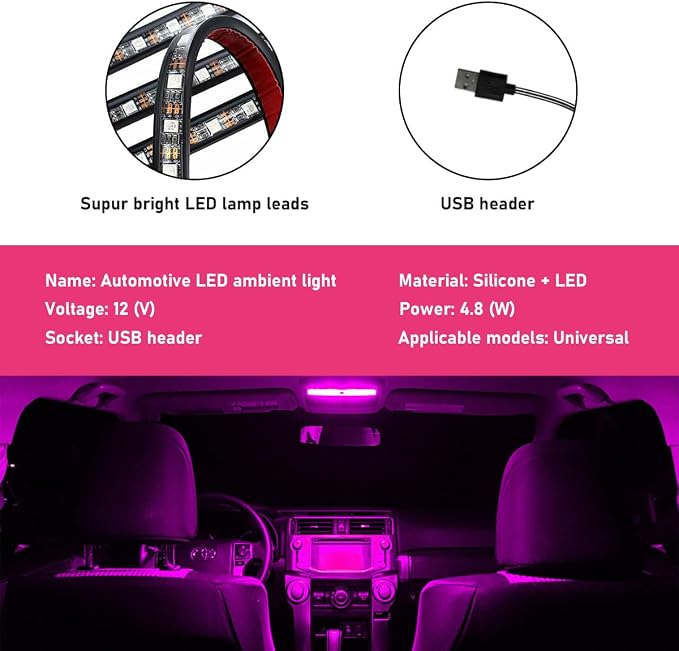 Car LED Strip Light, 24 LEDs RGB Neon Interior Atmosphere Lights, 12V Under Dash Ambient Night Light, USB Port Auto Interior Decorative Lamp, Universal Car Accessories (Pink Purple)