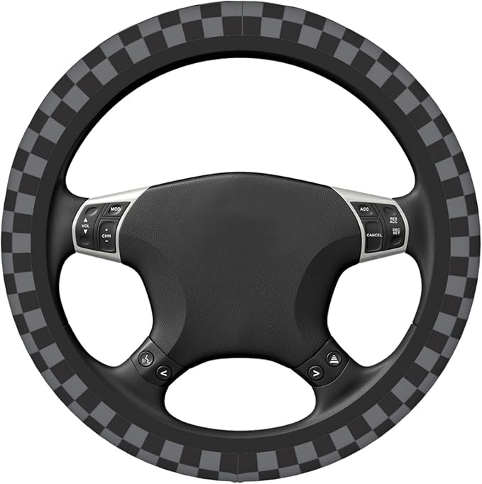 Dark Gray Checkered Steering Wheel Cover for Women, Universal Auto Steering Wheel 14-15 Inch Car Interior Accessories with 2PCS Car Coasters, Suitable for Men and Women