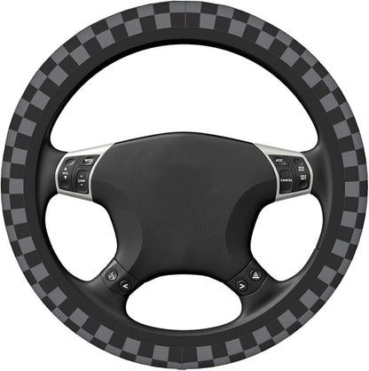 Dark Gray Checkered Steering Wheel Cover for Women, Universal Auto Steering Wheel 14-15 Inch Car Interior Accessories with 2PCS Car Coasters, Suitable for Men and Women
