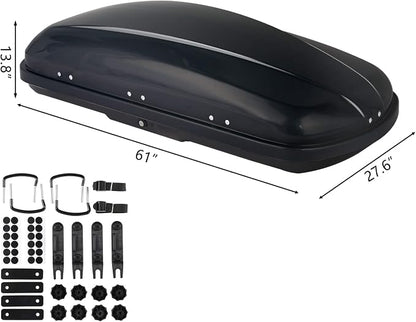TUFFIOM 13.4 cu.ft. Rooftop Cargo Box w/Keys, Hard Shell Waterproof Travel Roof Storage Cargo Carrier Luggage Rack, 61" L x 27.6" W x 13.8" H, Dual-Side Opening, for SUV Car Van w/Cross Bars, Black
