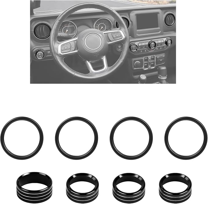 JWWY JL AC Air Vent Trim Rings & Dashboard Headlight Switch Decor Switch Knob Cover Kit Fit for 2018-2023 Jeep Wrangler JL JLU Interior Accessories, Aluminum Alloy 8PCS Black