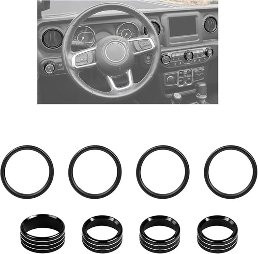 JWWY JL AC Air Vent Trim Rings & Dashboard Headlight Switch Decor Switch Knob Cover Kit Fit for 2018-2023 Jeep Wrangler JL JLU Interior Accessories, Aluminum Alloy 8PCS Black