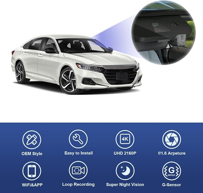 Fitcamx 4K Dash Cam Suitable for Honda Accord 2018-2022 Hybrid (Model A) LX Sport SE Touring EX EX-L, OEM Look, 2160P UHD Video, Built-in WiFi & APP, Loop Recording, G-Sensor, Plug & Play, 64GB Card