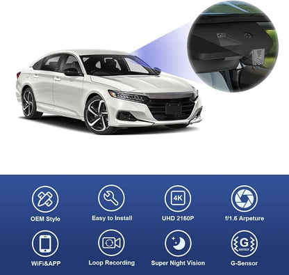 Fitcamx 4K Dash Cam Suitable for Honda Accord 2018-2022 Hybrid (Model B, Broader Cover), OEM Factory Look, UHD 2160P Video, Built-in WiFi & APP, Loop Recording, G-Sensor, Plug & Play, 64GB Card