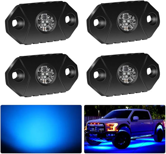 4WDKING Blue LED Rock Lights, 4 Pods IP68 Waterproof Underbody Glow Trail Rig Lamp LED Neon Lights for Truck Off Road Truck Car Boat ATV SUV Motorcycle