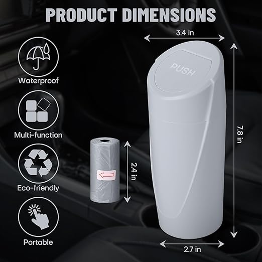 Car Trash Can Bin with Lid - Car Garbage Can Cup Holder - Grey Mini Leakproof Vehicle Garbage Bin with 20pcs Trash Bags-Automotive Organizers and Storage for Front Back Seat Accessories