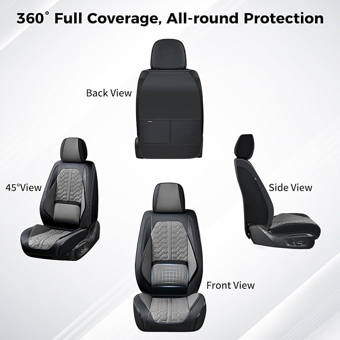 Huidasource Front and Back Seat Covers Universal Fit for Most Cars SUV Trucks, Leather Car Seat Covers Full Set 5 Seats, Full-Cover Pickup Truck Seat Cover with Lumbar Support, Black & Gray