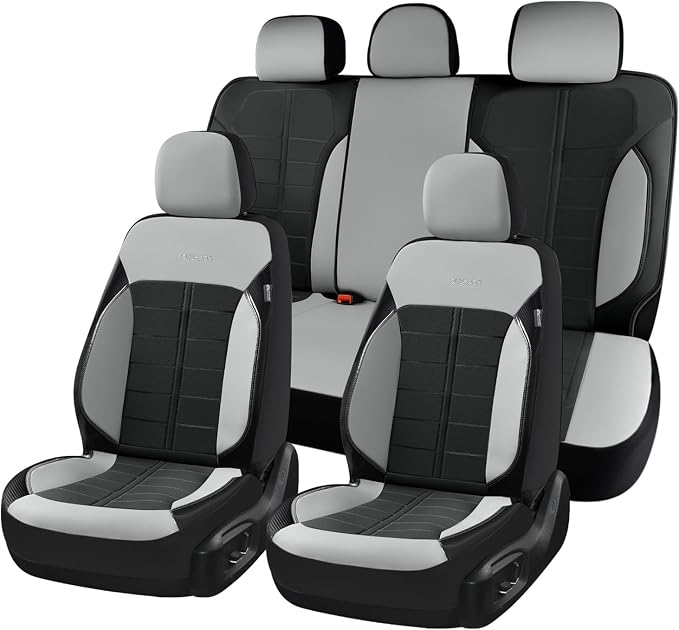 Coverado Leather Seat Covers Car Seat Cover Full Set Automotive 5 Seats Waterproof Car Seat Protectors Universal Fit for Most Cars SUV Trucks, Gray&Black