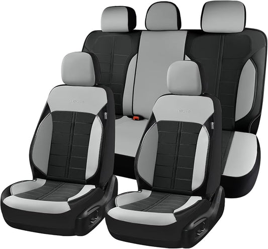 Coverado Leather Seat Covers Car Seat Cover Full Set Automotive 5 Seats Waterproof Car Seat Protectors Universal Fit for Most Cars SUV Trucks, Gray&Black