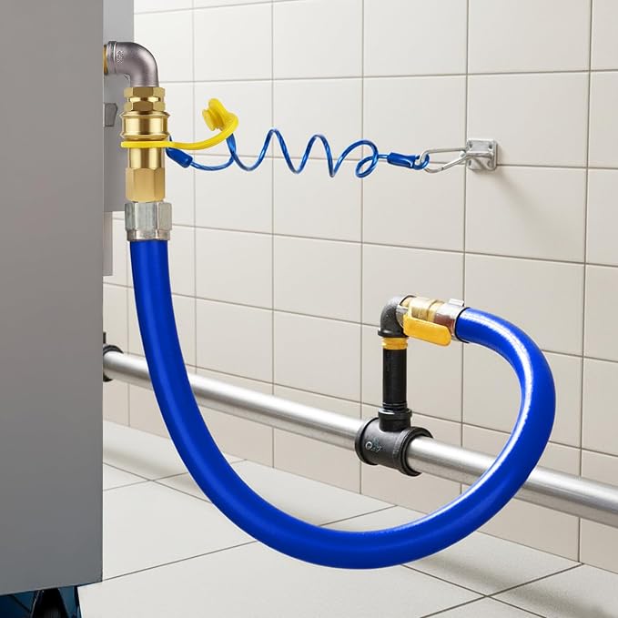 Boltigen 1675KITB48 Safety System Kit, 48 inch Commercial Gas Hose with 3/4" id, Natural Gas Line Hose Connector Kit Comes with Elbows Quick Disconnect Full Port Brass Gas Valve Restraining Device