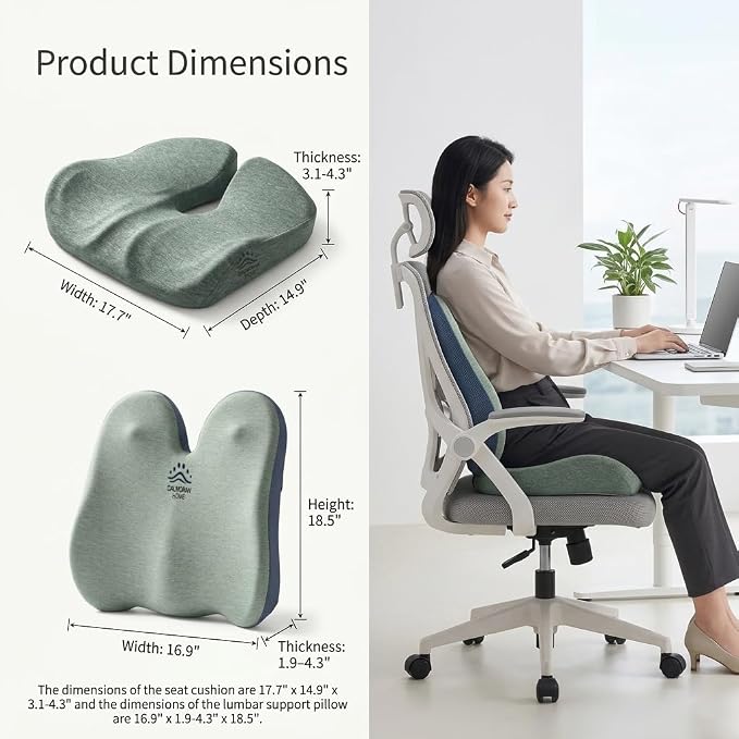 Seat Cushion & Lumbar Support Pillow Set for Office Chair, Memory Foam Seat Cushion with Adjustable Strap, Comfort Support Cushions for Office Chair, Car and Wheelchair (Green)