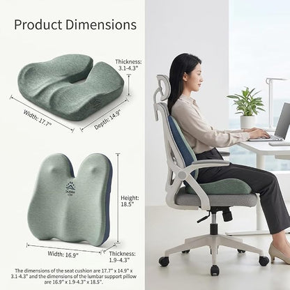 Seat Cushion & Lumbar Support Pillow Set for Office Chair, Memory Foam Seat Cushion with Adjustable Strap, Comfort Support Cushions for Office Chair, Car and Wheelchair (Green)